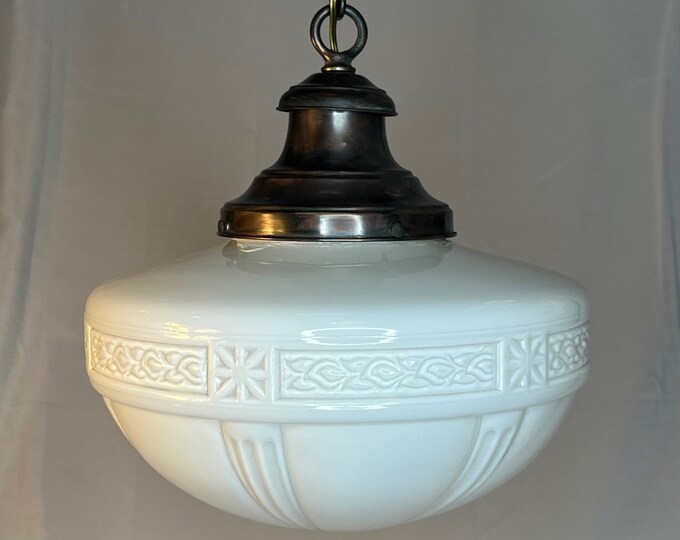 Vintage Victorian Brass Pendant With Embossed Decorative Schoolhouse