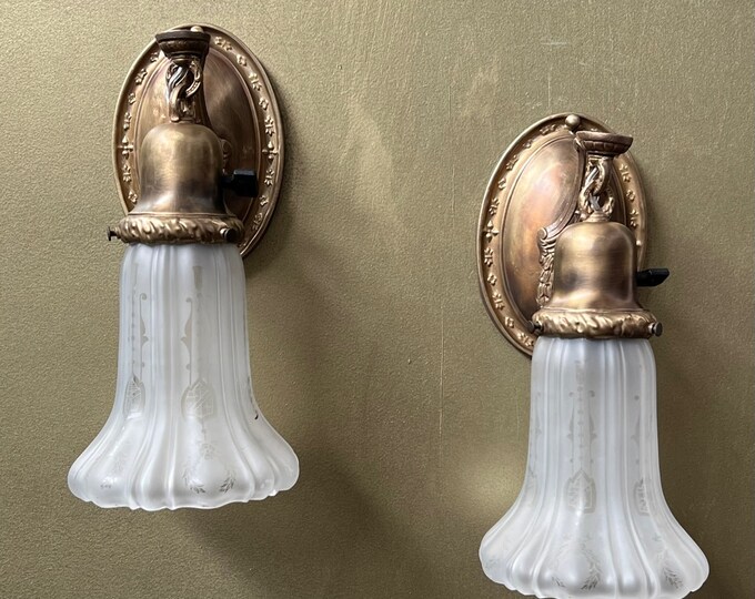 Pair of Antique Brass Wall Sconces With Etched Glass Shades - Etsy