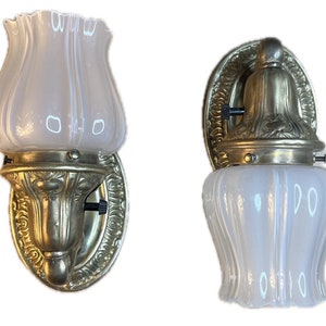 Pair of Antique Art Nouveau Brass Sconces with Frosted Glass Shades
