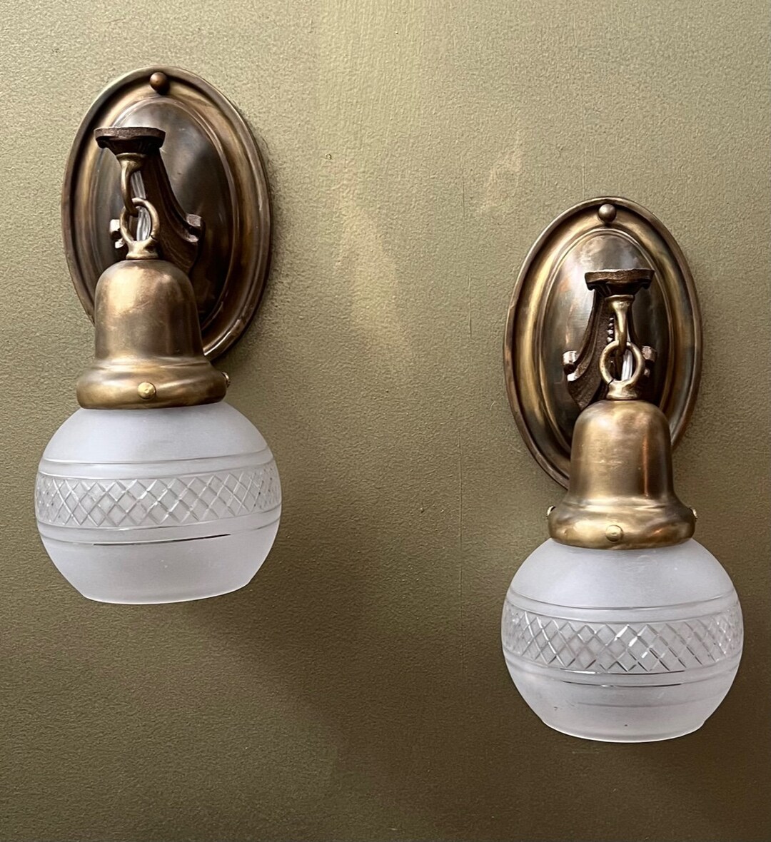 Pair of Antique Brass Wall Sconces With Hand Cut Glass Shades Etsy