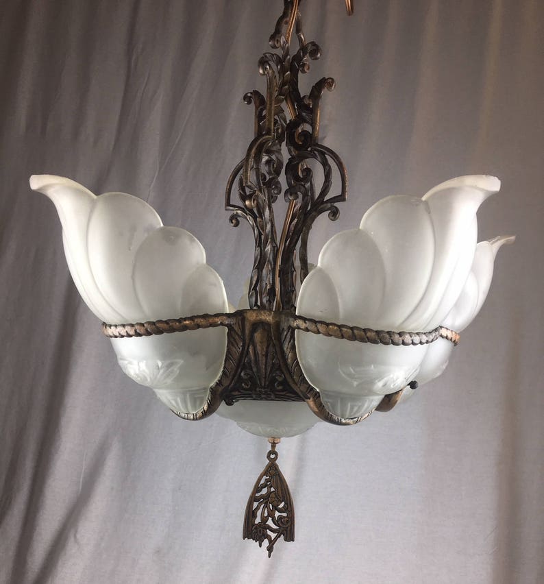 6 Light Lincoln Slip Shade Chandelier Circa 1925 Image 0