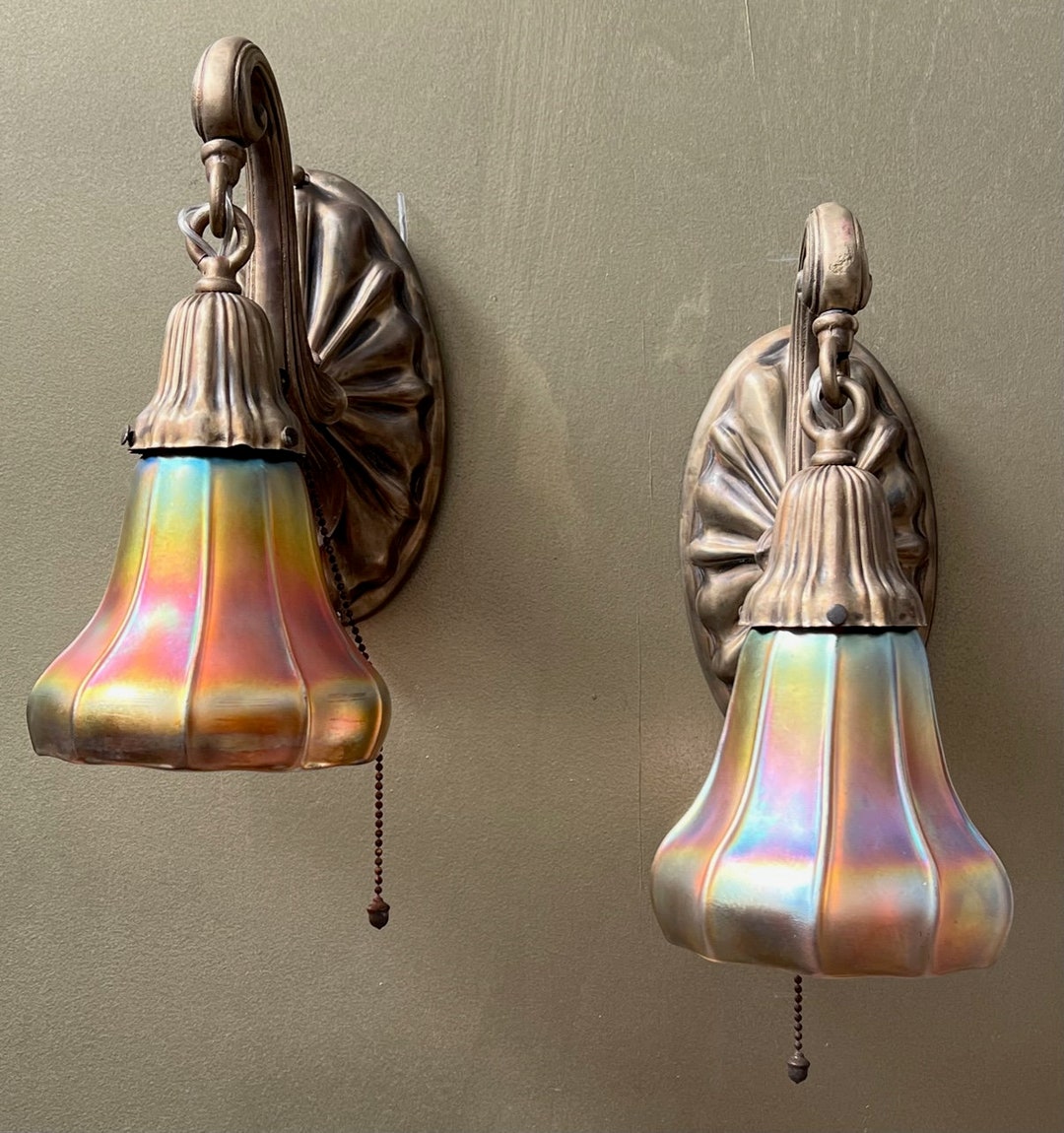 Pair of Antique Sheffield Style Art Nouveau Wall Sconces With Steuben