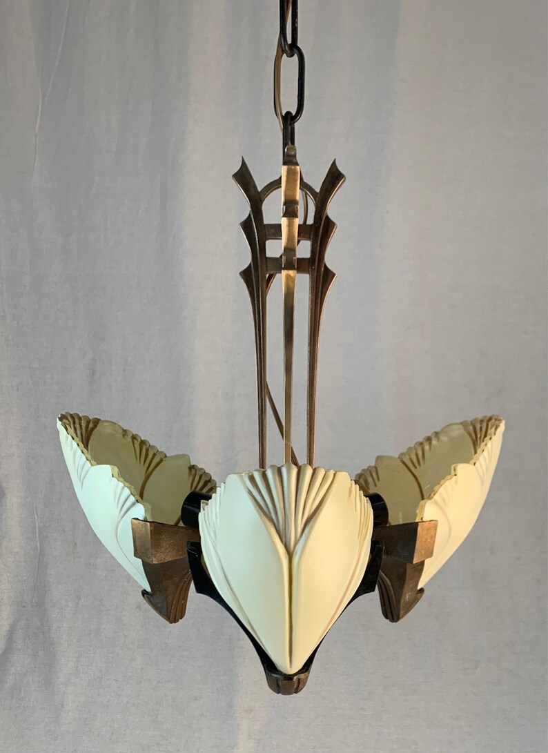 Vintage 3 Light Solid Bronze Bat Wing Chandelier Etsy