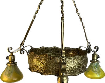 Vintage Art Nouveau / Arts & crafts Hand Hammered Brass Chandelier with Art Glass Shades