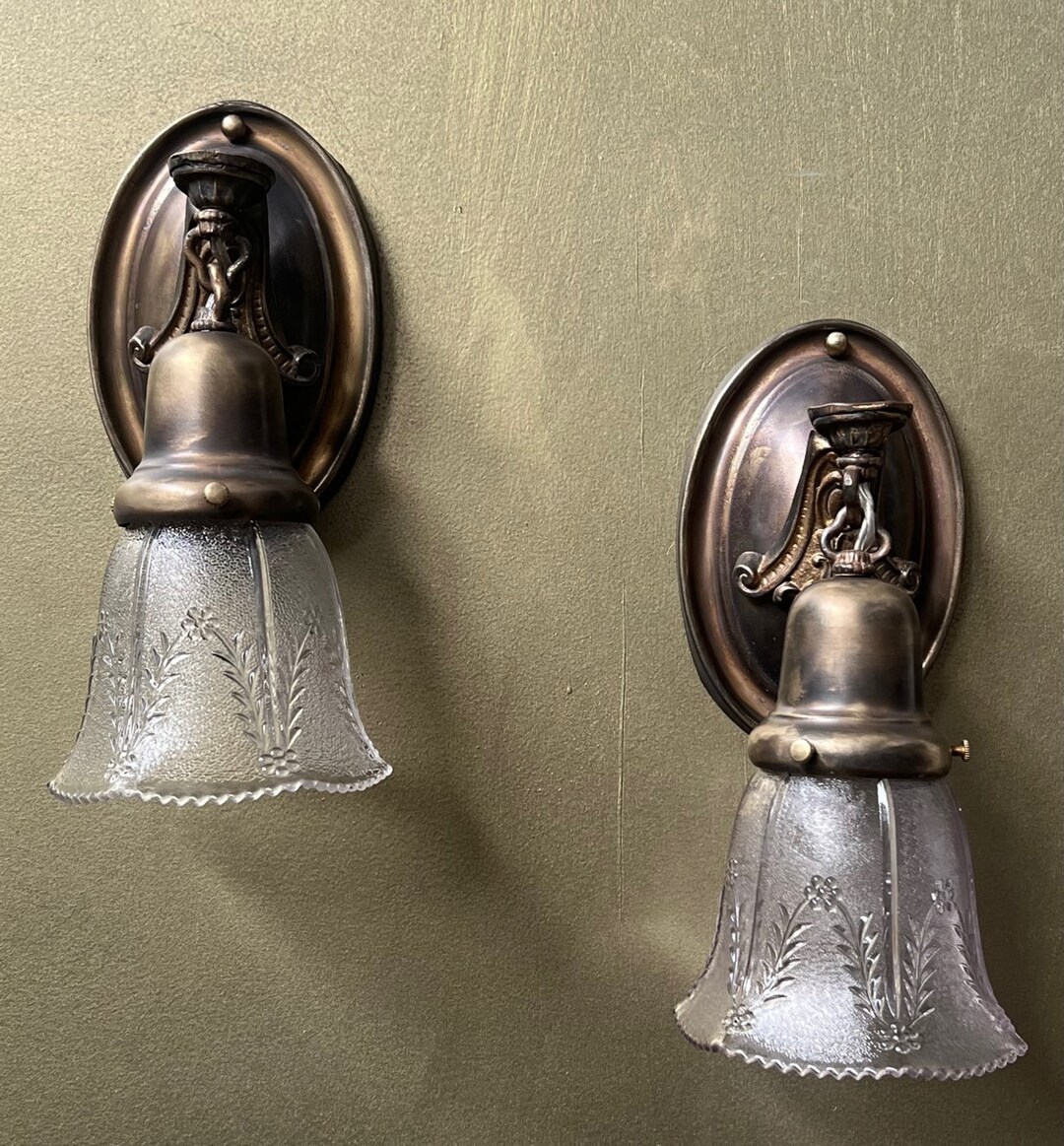Pair of Antique Brass Wall Sconces With Pressed Glass Shades. Etsy