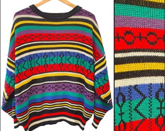 Multicoloured Aztec Vintage jumper, Unique colorful vintage sweater, funky bright crazy knitwear, lightweight winter striped sweatshirt  uk
