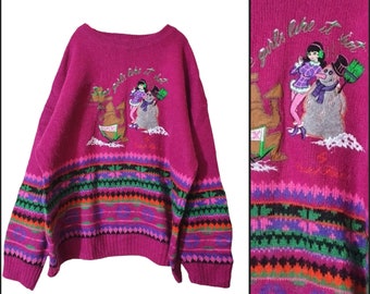 Pink vintage alpaca sweater - warm winter pullover - Multi colored funky jumper - unique bright crazy knitwear, quirky rainbow sweatshirt uk
