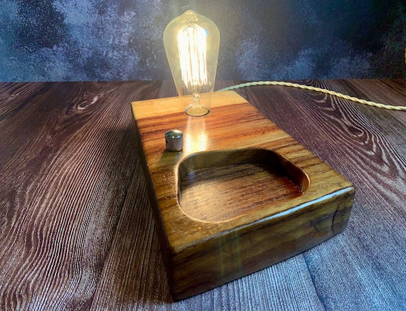 Exotic Monkeypod Wood Block Desk Lamp / Tray with Telecaster Guitar style On/Off switch