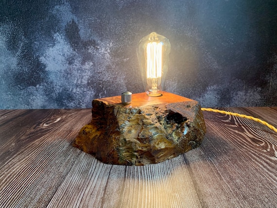 Redwood Burl Wood Block Desk Lamp with Telecaster Guitar style On/Off switch