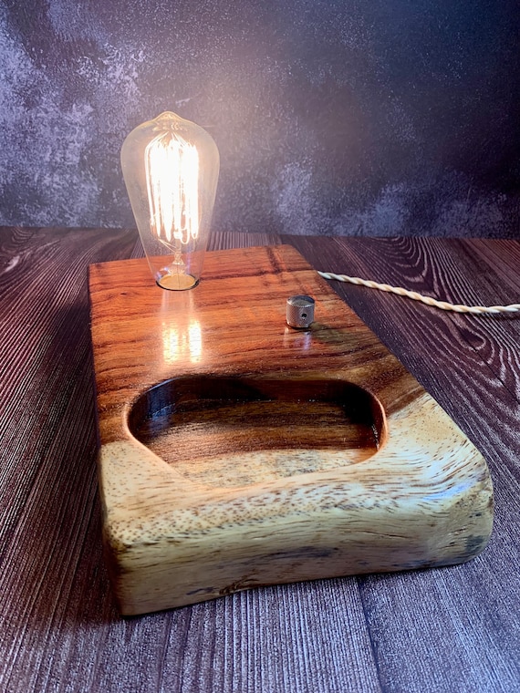 Exotic Monkeypod Wood Block Desk Lamp / Tray with Telecaster Guitar style On/Off switch