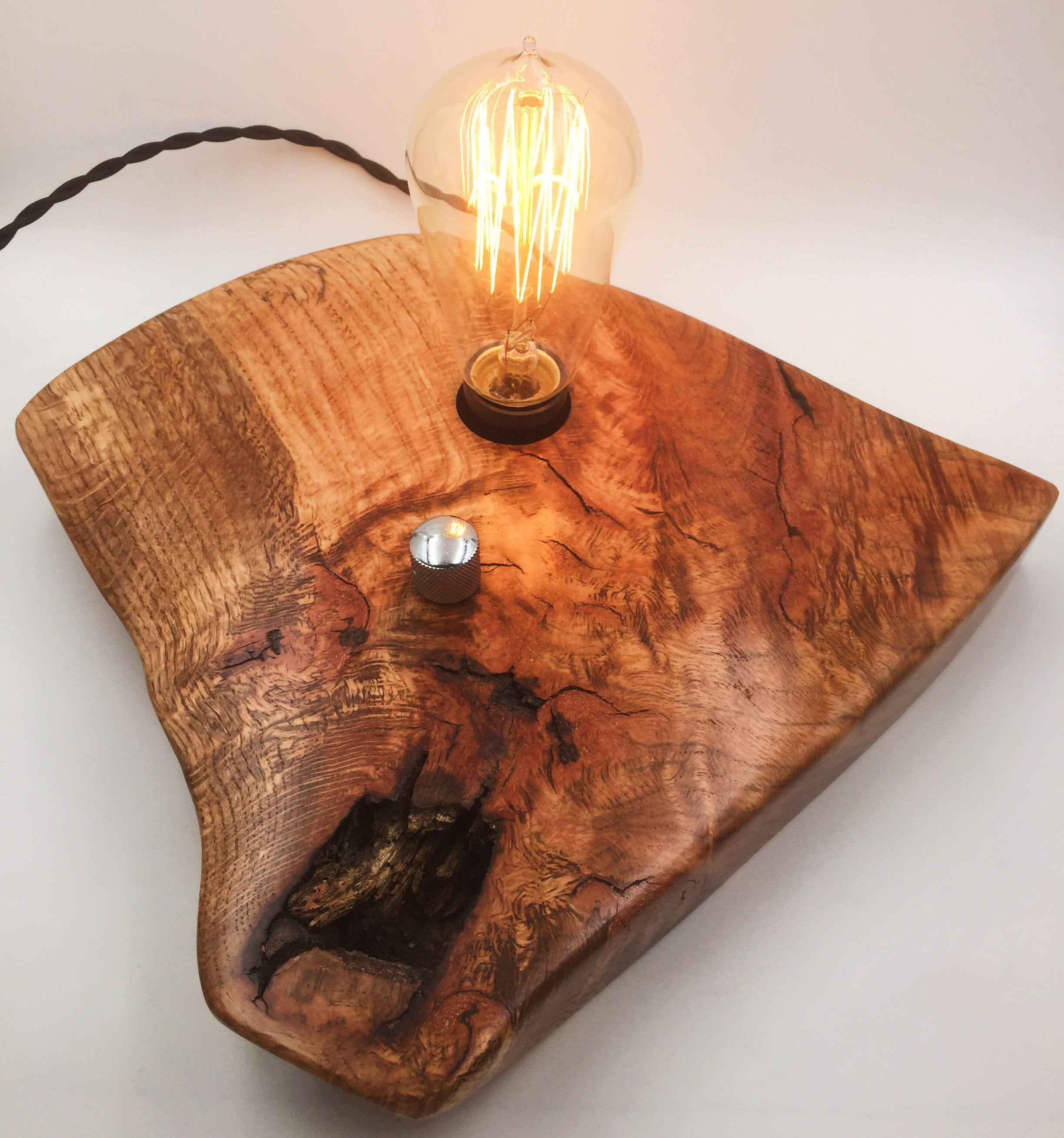 Live Edge Oak Wood Block Desk Lamp Edison Bulb And Dimmer
