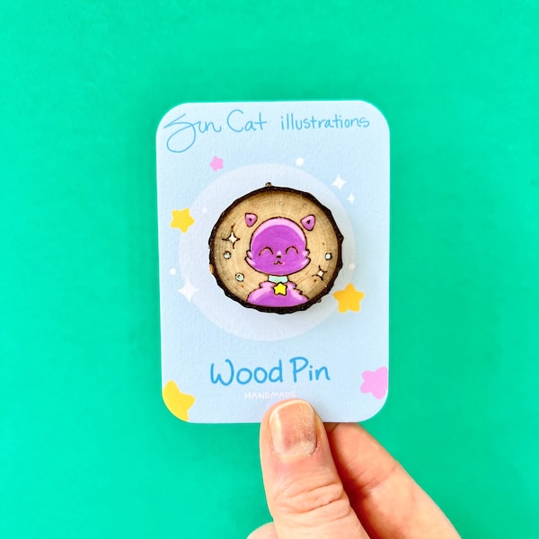 Purple Cat Pin - Cute Cat Pin - Cat Face Pin - Cat Pin Broach - Cat Lapel Pin - Cat Wood Pin - Cute Wood Cat - Cat Lover's Gift - Fluffy Cat