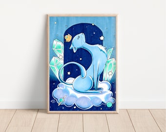 Cute Cat Print - Crystal Cat Wall Art - Sleepy Cat Print - Blue Cat - Cloud Cat Illustration - Cat Lover's Gift - Giclee Fine Art Print