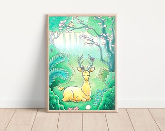 Deer Art Print - Cute Deer Print - Golden Deer Wall Art - Forest Print - Woodland Wall Art - Stag Print -Animal Lover's Print - Spring Art