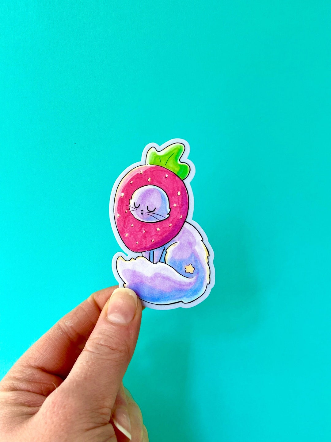 Strawberry Cat Sticker - Hemy Cat Strawberry Sticker - Cat Fruit ...
