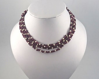 Vintage Purple and White Seed Bead Necklace Long 1970's Beaded Necklace Costume Jewellery Jewelry