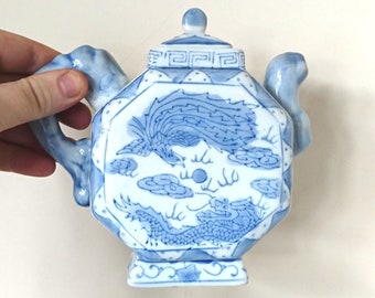 Vintage Blue & White Dragon Teapot, Oriental Ceramic Tea