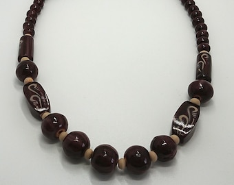 Vintage Necklace Wooden Chunky Beaded Brown Necklace Costume Jewellery Jewelry Hand Painted Boho Hippie