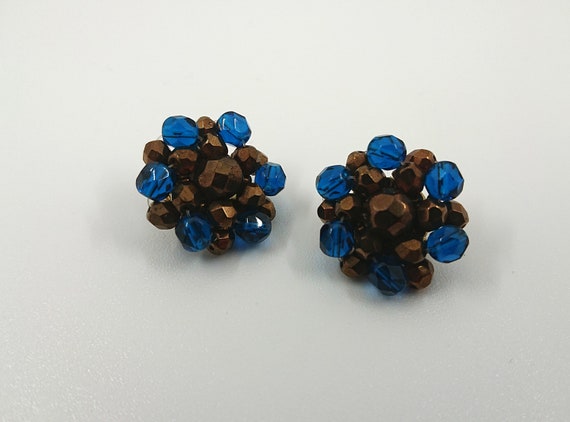 Boucles D'oreilles Vintage En Verre Bleu - Clips - Style Rétro Charmant