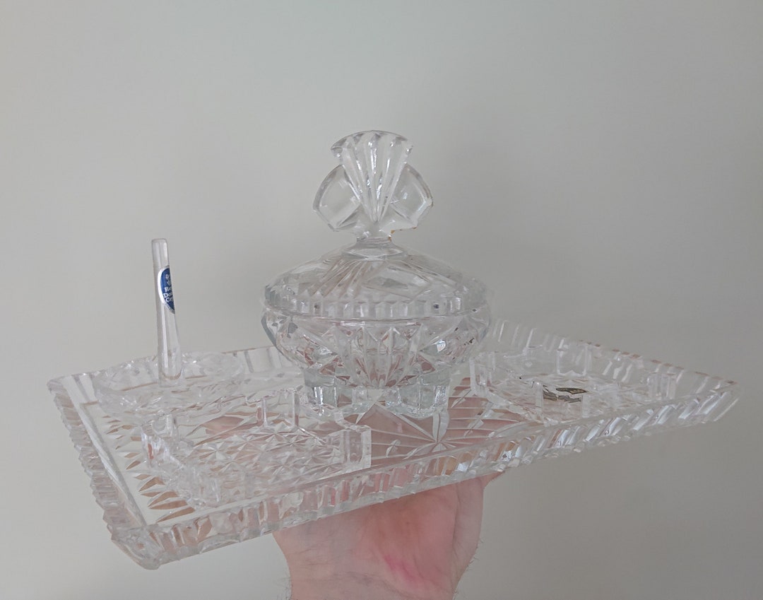 Art Deco Glass Dressing Table Set Crystal Clear Dish Ring Etsy
