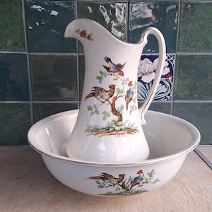 Juego de lavabo vintage de Burslem, Inglaterra, juego de jarra y cuenco de cerámica, jarra con lavabo de loza decorada con pájaros, juego de lavabo tradicional de estilo victoriano.