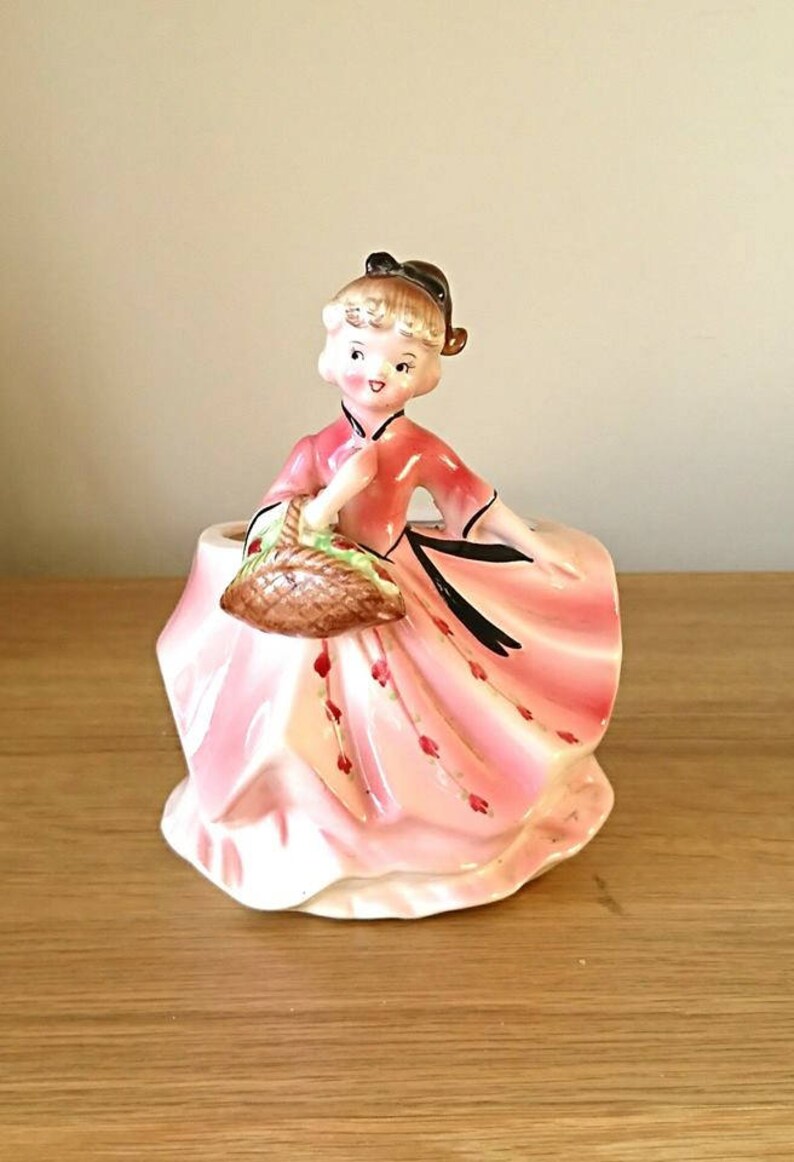 Vintage Planter Lady Figurine Vase Lady with Basket Pink Dress Etsy