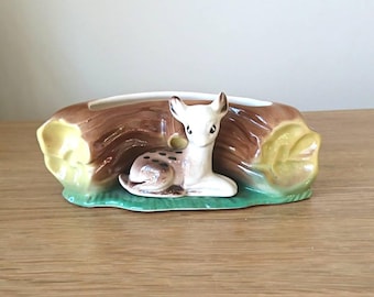 Vintage Planter Faun Deer Sat by Log Posy Vase Bambi Collectable Hornsea Fauna Royal Planter No 121 Kitsch Planter