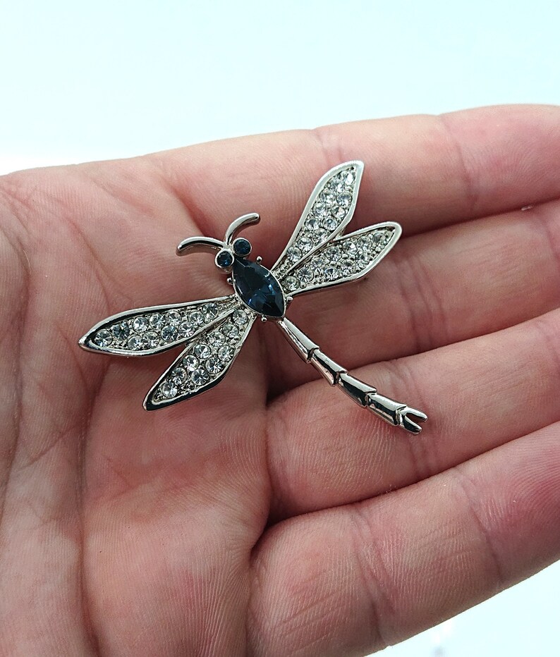 Women Retro Dragonfly Insect Brooch Pin Rhinestone Crystal Silver Tone