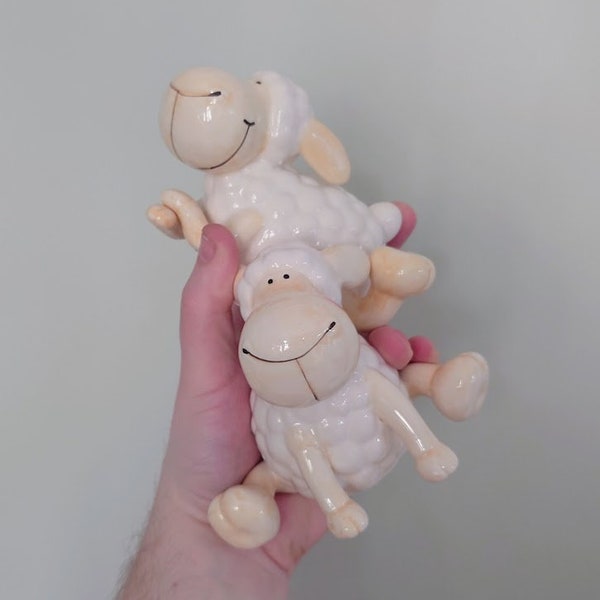 Sheep Figurine Set of 2 Ceramic Sheep Figures Kitsch Sheep Cute Lamb Baby Animal Farm Yard Ceramic Ornament  Sheep Children's Nursery Décor