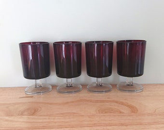 Vintage Drinking Glasses Wine Set of 4 Red Ruby  French Arcoroc Modernist Luminarc glasses Cocktail party Liquor Shot Glasses