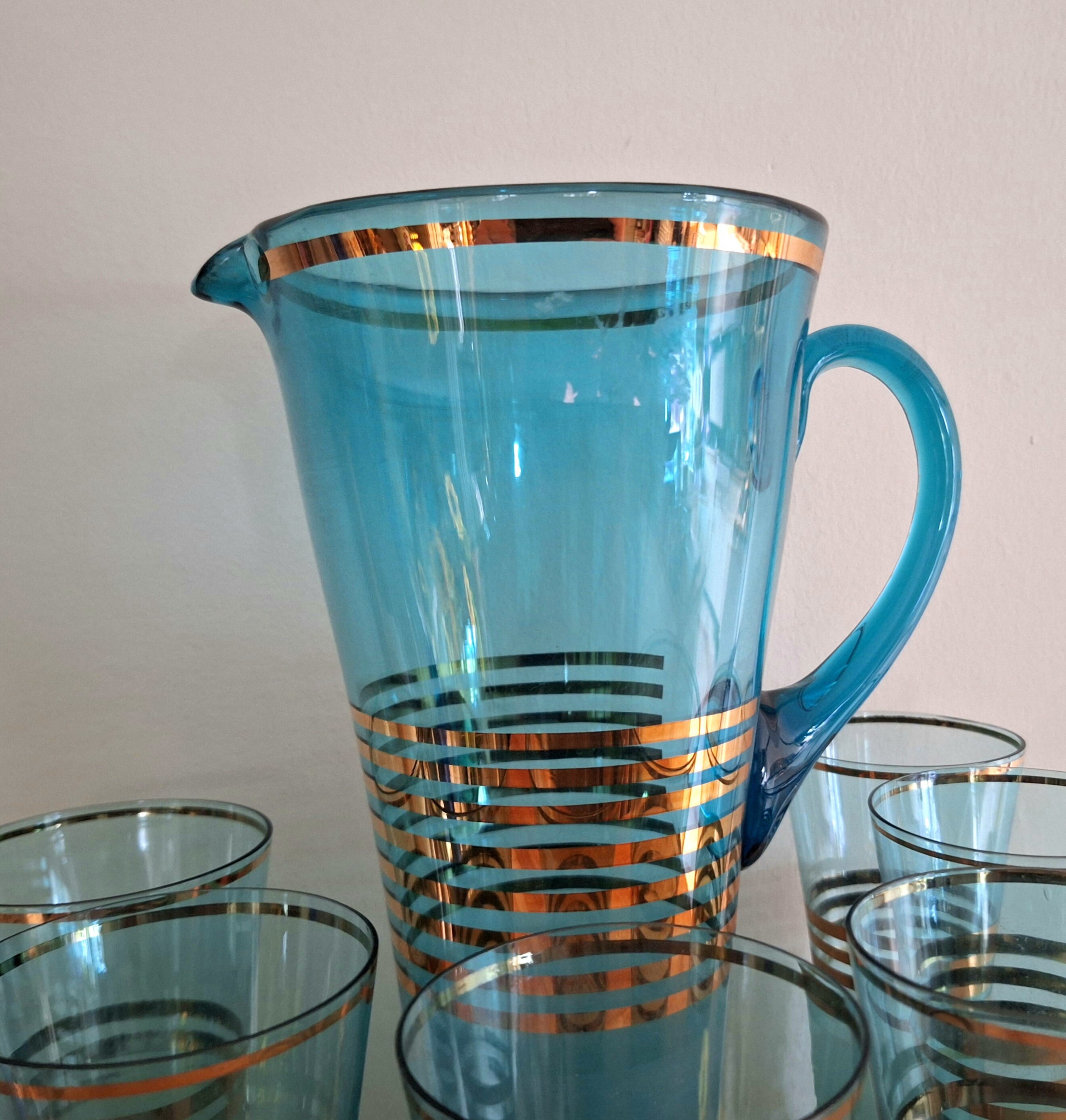 Mid-century Modern Blue and Gold Pitcher Set  Vintage Glassware With 6  Glasses | Collectible Drinkware | Retro Barware - Etsy