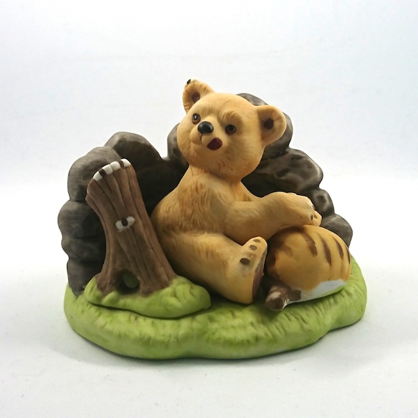 Vintage Bear Figurine Woodland Surprises Hand Painted Fine Porcelain by Jacqueline B Smith - Franklin Mint Bear with Honey Pot