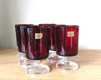 Vintage Drinking Glasses Wine Set of 6 Red Ruby French Arcoroc Modernist Luminarc glasses Cocktail party Liquor Shot Glasses