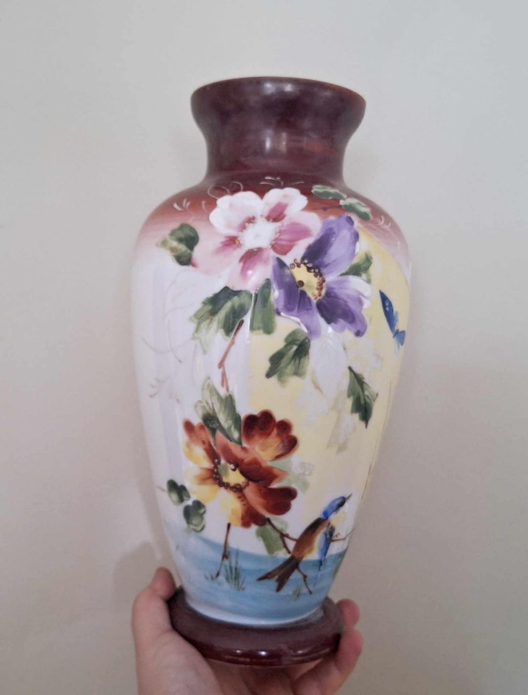 Tall Hand Painted Ceramic Vase With Bird and Floral Motif – Colourful ...