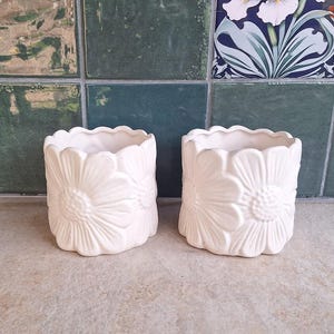 Può includere: Due vasi cilindrici in ceramica bianca caratterizzati da un motivo a margherite in rilievo che copre l'intera superficie esterna. Ogni vaso presenta un bordo superiore smerlato e una finitura liscia e opaca dall'aspetto uniforme.
