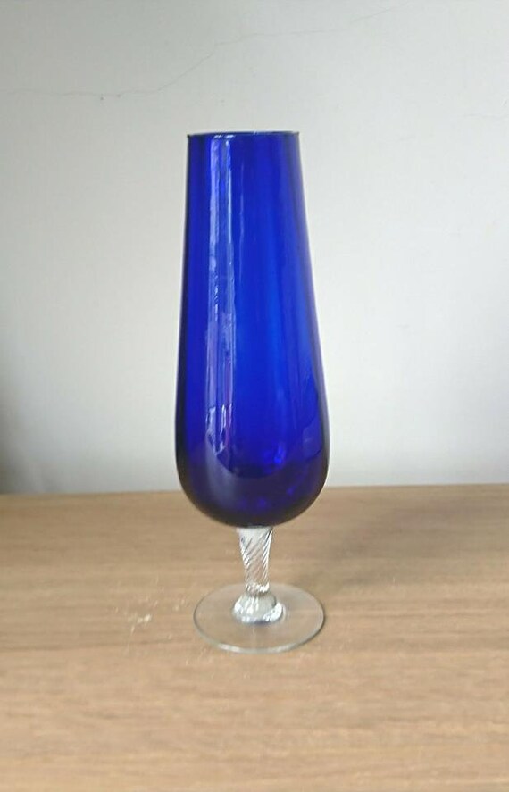 Vintage Blue Glass Footed Vase Mid Century Empoli Style Pedestal Vase Hand Blown Italian Art Glass Crimped Ruffled Top il 570xN 42sa