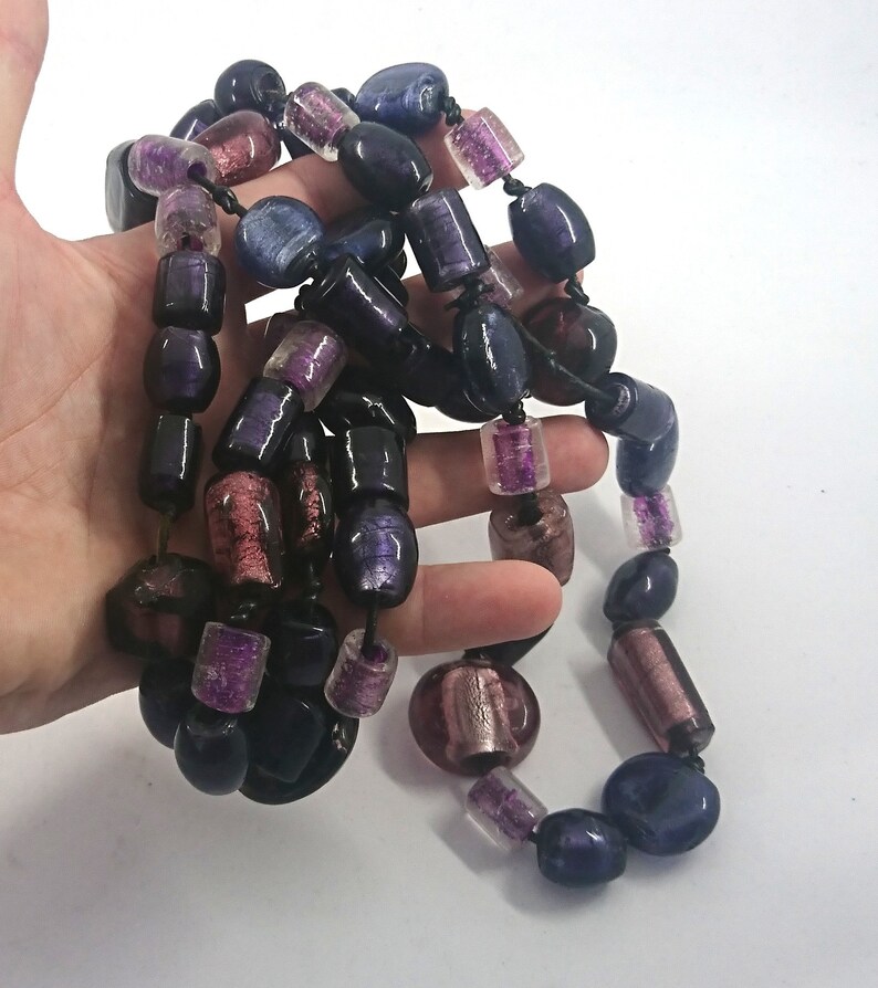 Vintage Very Long Purple Glass Beaded Chunky Necklace Costume Jewellery Jewelry Foil Glass