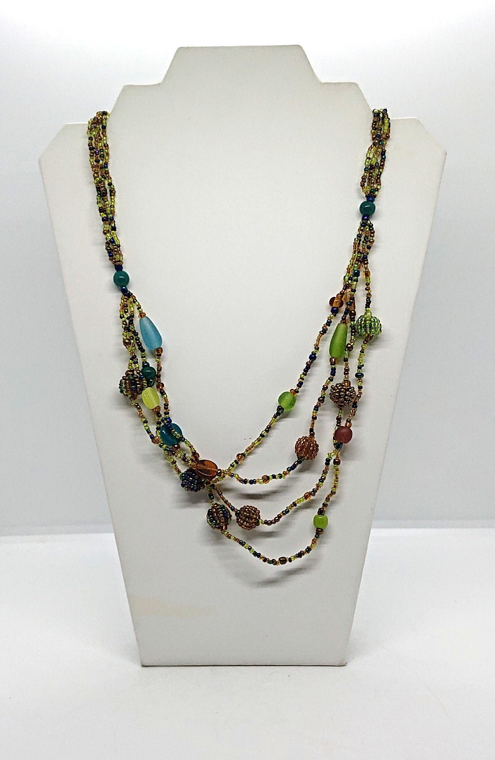 Vintage Seed Bead Necklace Retro Hippie Multi strand Green Blue Beaded Costume Jewellery Jewelry Festival Boho