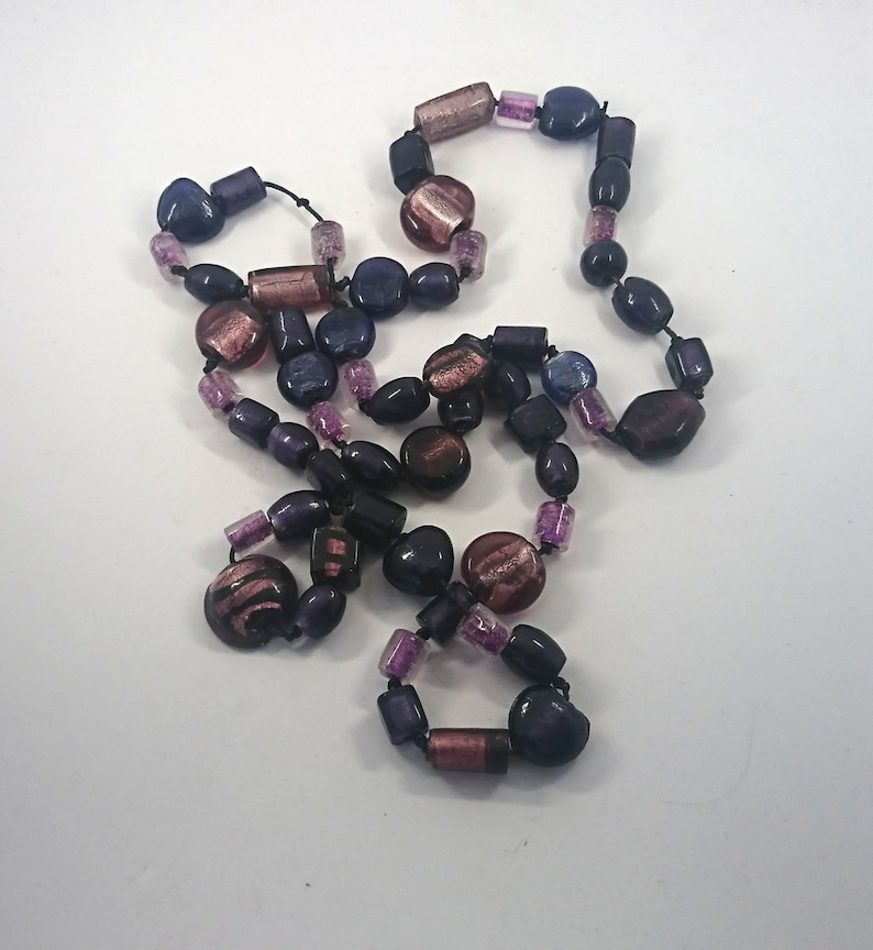 Vintage Very Long Purple Glass Beaded Chunky Necklace Costume Jewellery Jewelry Foil Glass