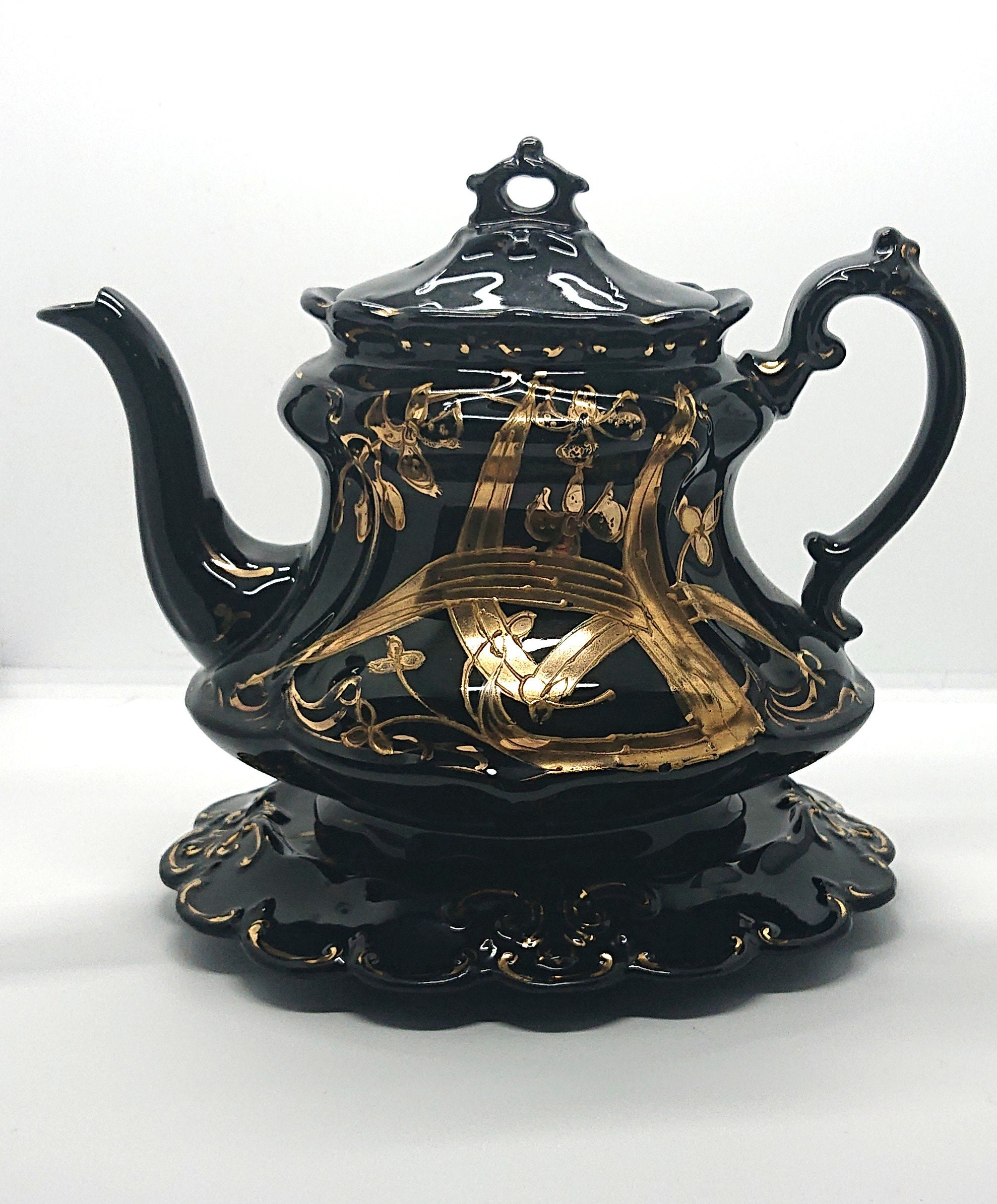 Antique English Victorian Black and Gold Teapot With Stand Etsy