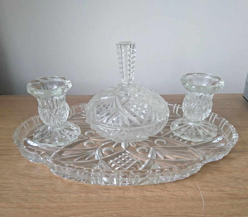 Art Deco Glass Dressing Table Set Crystal Clear Dish Candle Etsy