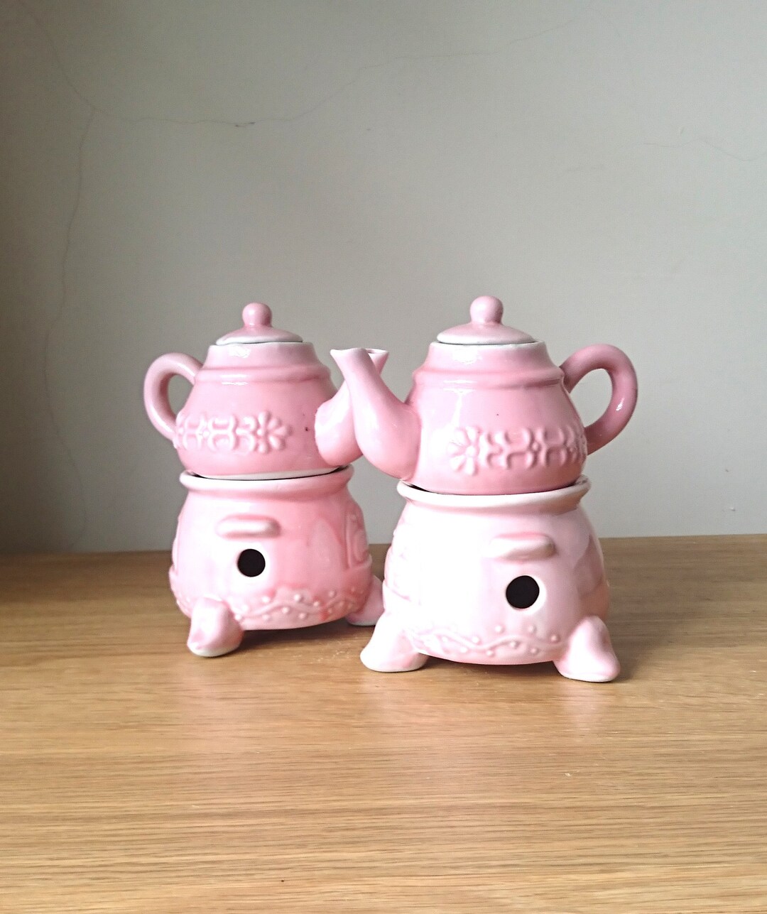 Vintage Pair of Pink Chinese Teapots With Footed Stand Decorative Kitsch Oriental Ceramic Decor