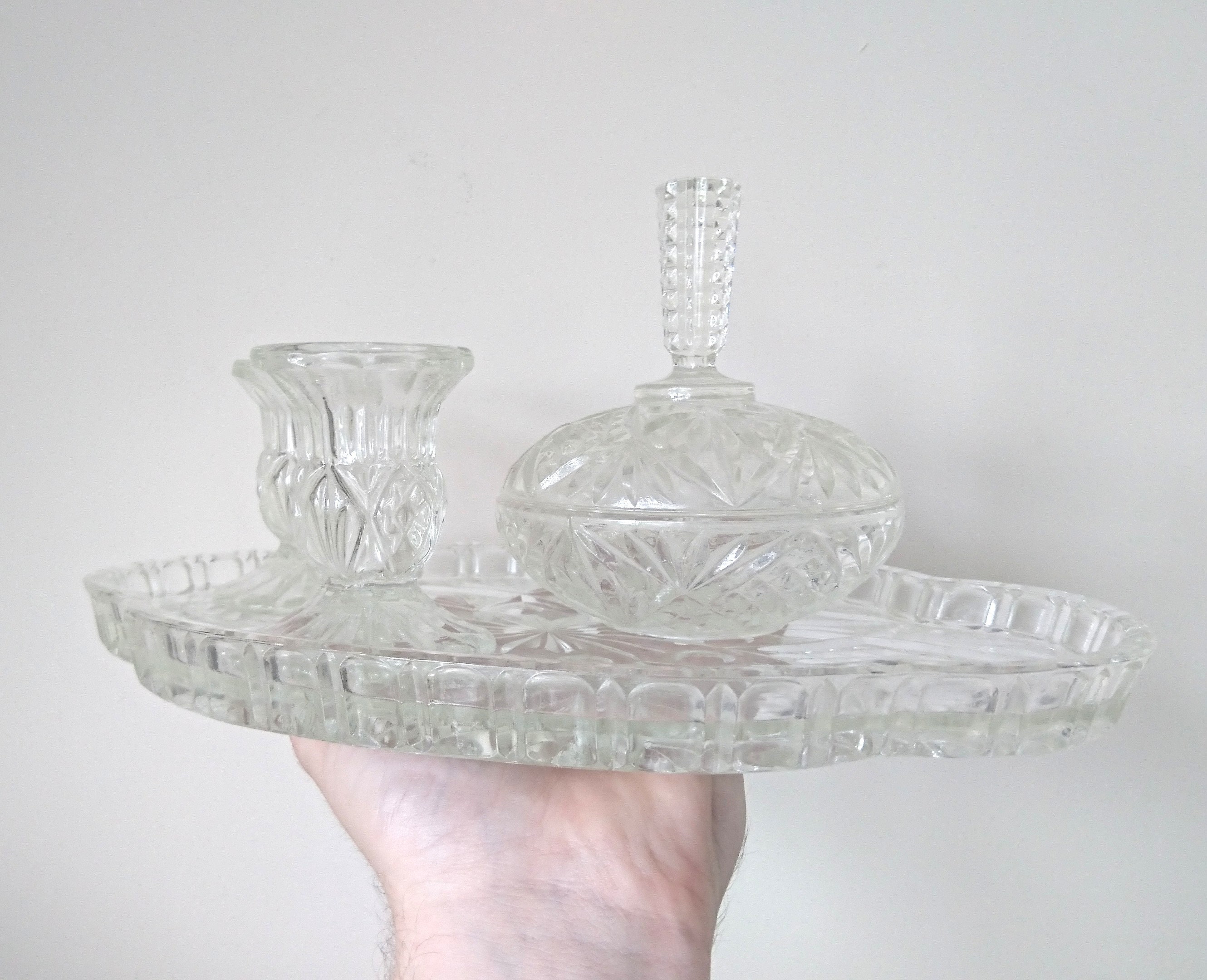 Art Deco Glass Dressing Table Set Crystal Clear Dish Candle Etsy