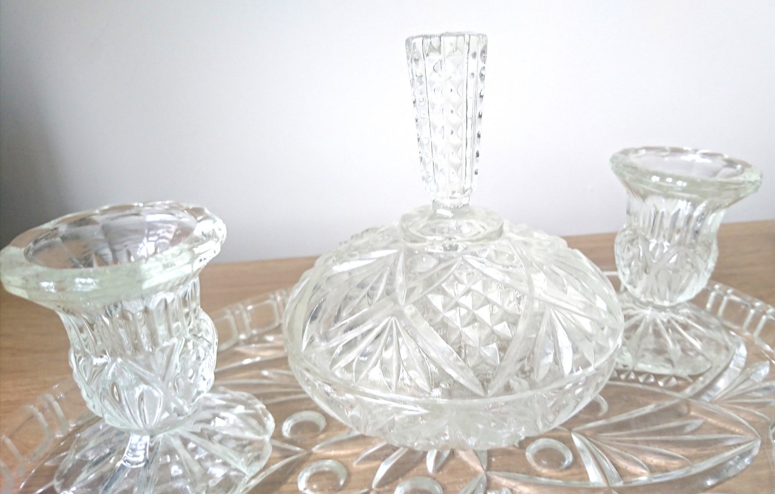Art Deco Glass Dressing Table Set Crystal Clear Dish Candle Etsy