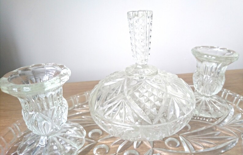 Art Deco Glass Dressing Table Set Crystal Clear Dish Candle Etsy