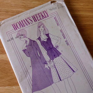 May include: Vintage Woman's Weekly sewing pattern. The cover shows illustrations of two dresses in purple and white. The pattern is size 16, with a bust measurement of 97 cm.