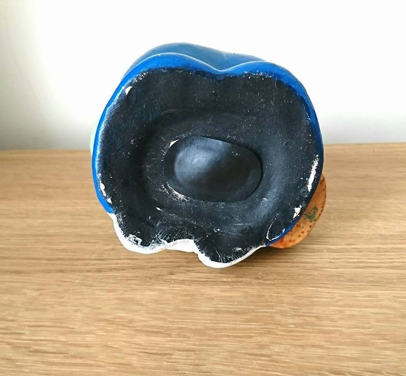 May include: The bottom of a ceramic piggy bank shaped like a person wearing a blue hat and a yellow shirt. The piggy bank has a black rubber stopper on the bottom.