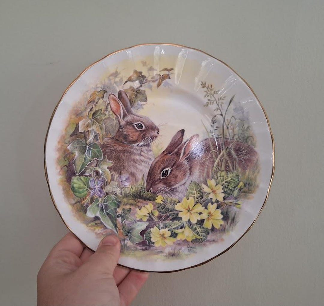 Decorative Porcelain Plate With Rabbits and Yellow Primroses – Vintage ...