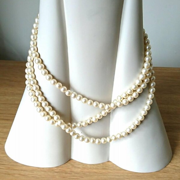 Vintage Necklace Pearl Faux Multi-Strand Box Clasp Gold Necklace 1960's Choker Necklace, Champagne Colored , Mid-Century Glamour