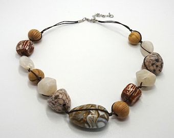 Vintage Lucite Beaded Necklace Gold, White Brown Chunky Beaded Costume Jewellery Jewelry